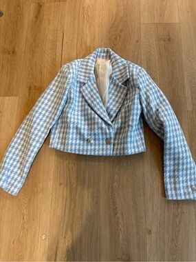 Cropped Houndstooth Double-Breasted Jacket - Light Blue & White adult XS
